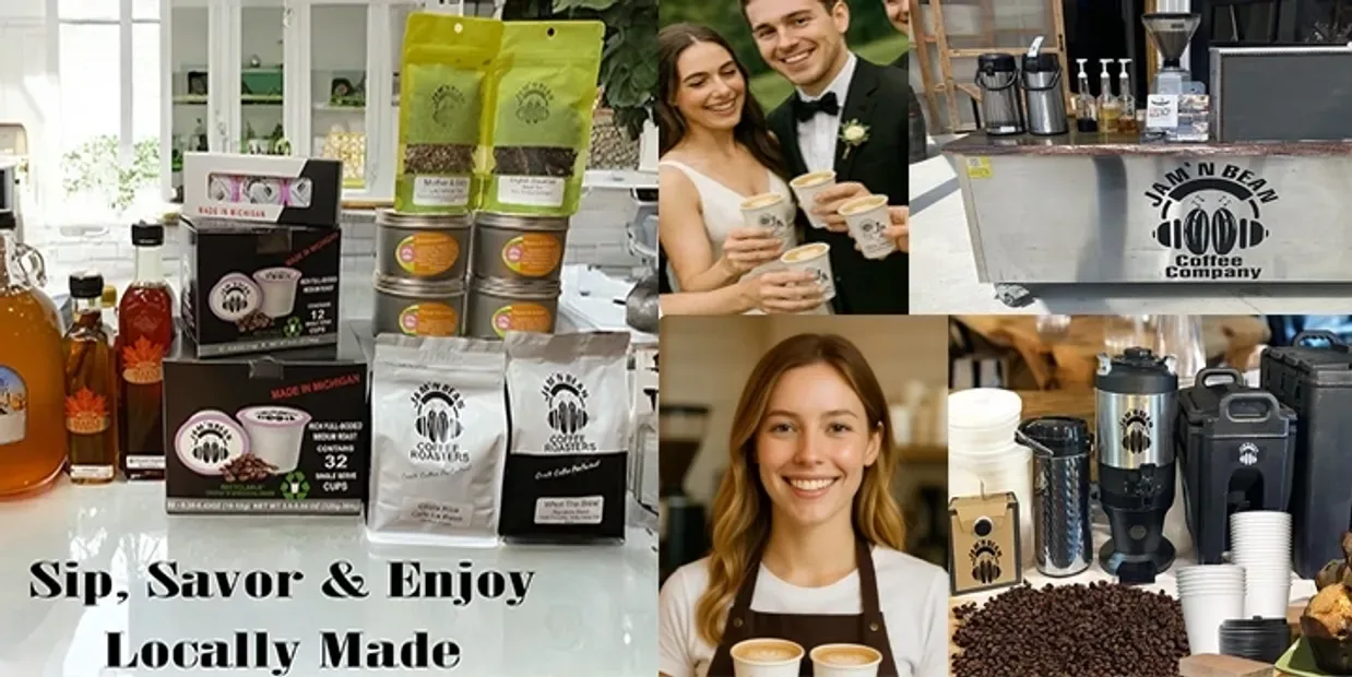 # jim 'n beru coffee company promotional collage showing products, staff, and tagline "sip, savor & enjoy locally made", jam 