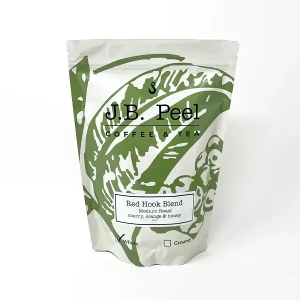 j.p. peel coffee bag with red hook blend medium roast label, whole beans., jb peel coffee & tea, red hook