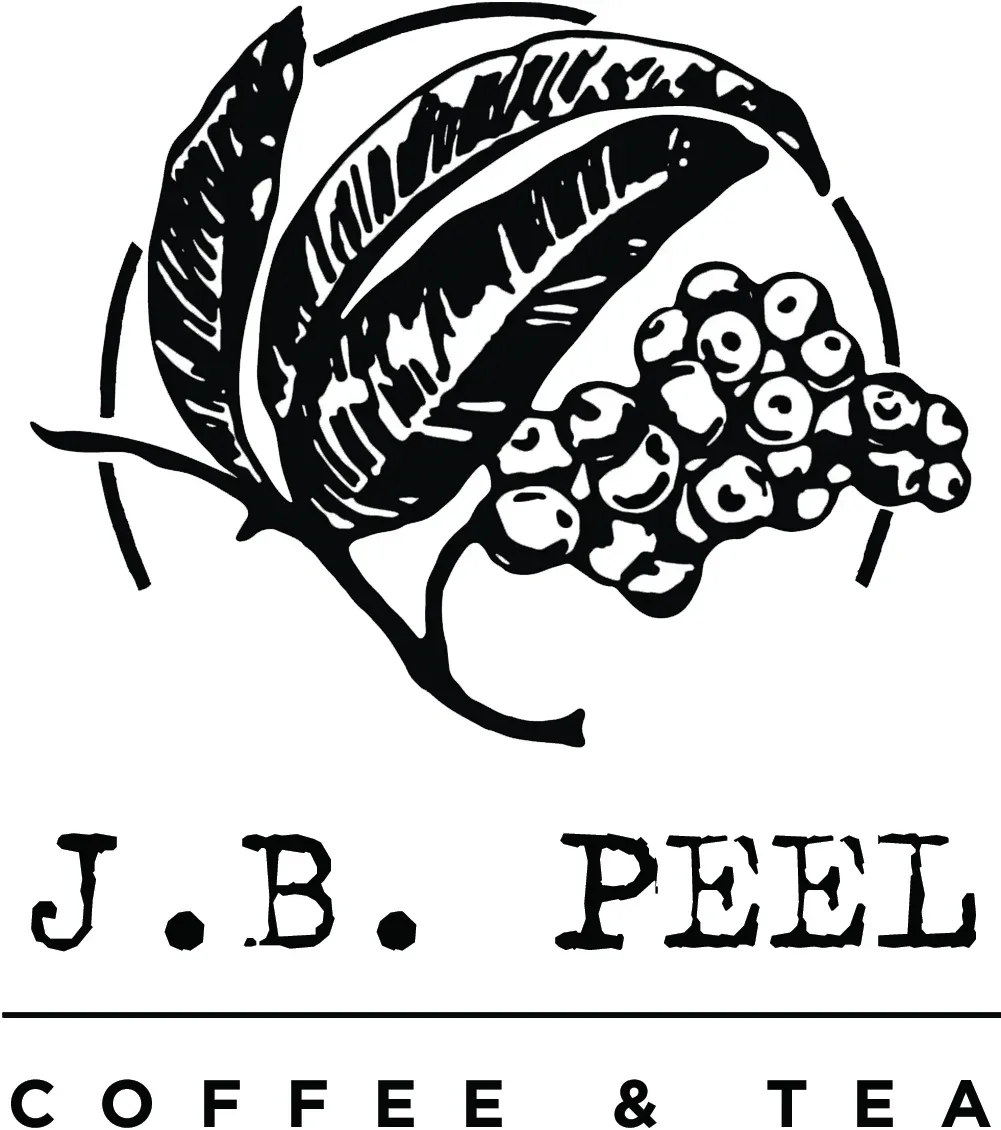 j.b. peel coffee & tea logo featuring rowan berries and leaves in black ink., jb peel coffee & tea, red hook