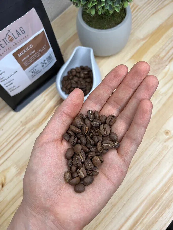 hand holding roasted coffee beans from mexico bag on wooden surface., jet lag coffee roasters, houston