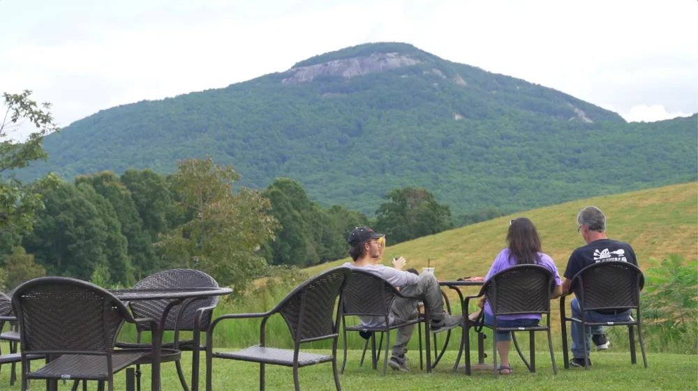 three people seated in chairs facing mountain landscape with forested slopes., jumpingoat coffee roasters and tasting room, c