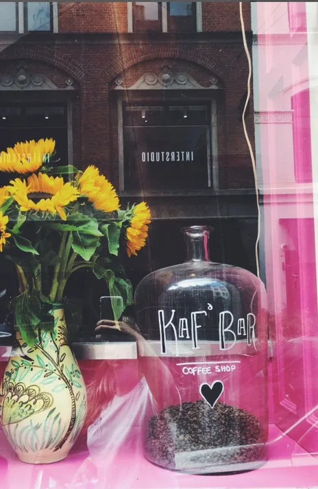 storefront window with sunflowers, glass jar labeled "kat bar coffee shop," pink aesthetic display., kaf' bar, copenhagen