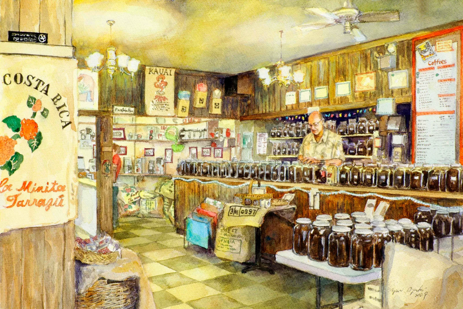 costa rican coffee shop interior with jars, shelves, and proprietor behind counter., kaffeeklatsch, huntsville