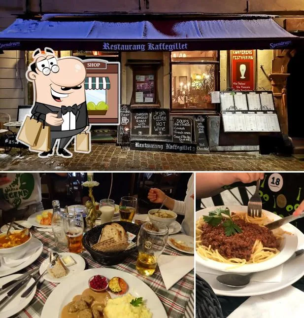 restaurant baffegillet storefront with cartoon mascot and traditional scandinavian plated dishes., kaffegillet restaurang och
