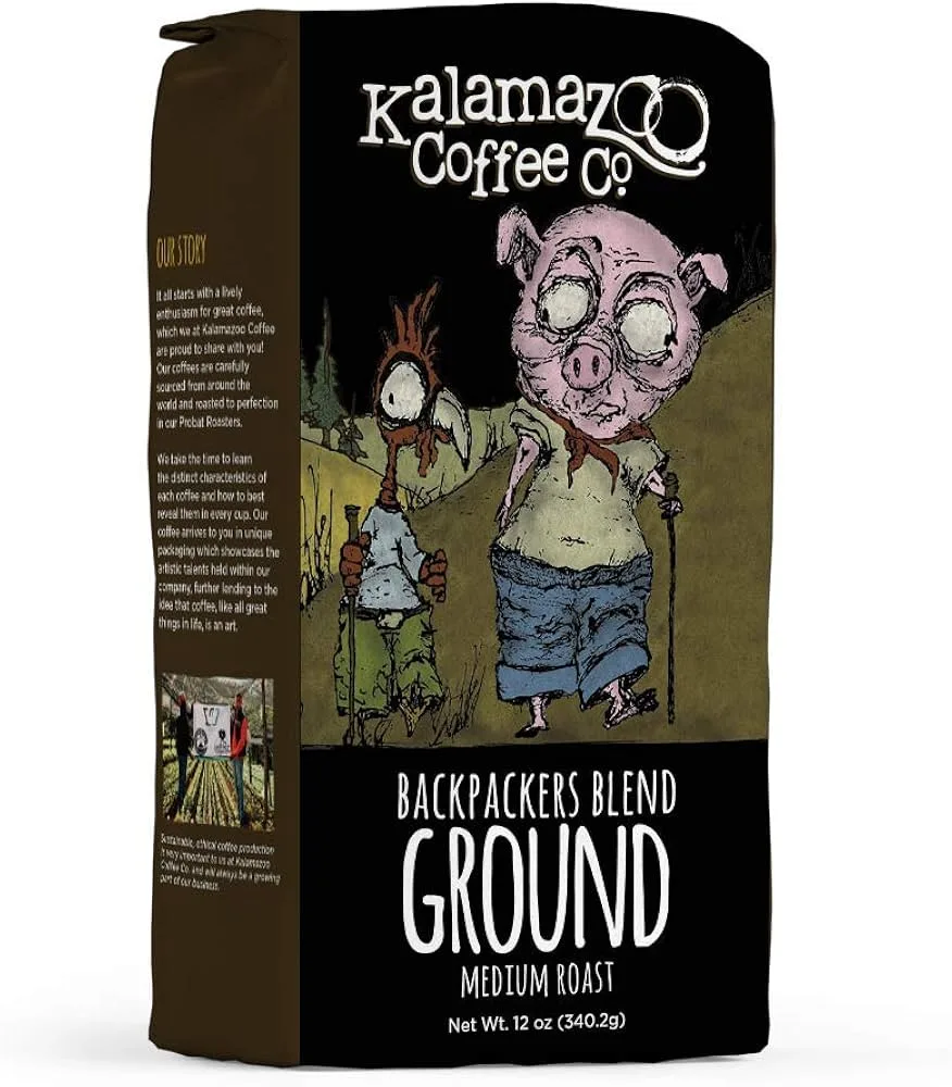 kalamazoo coffee co. ground coffee bag featuring illustrated pig character and "backpackers blend" label., kalamazoo coffee c
