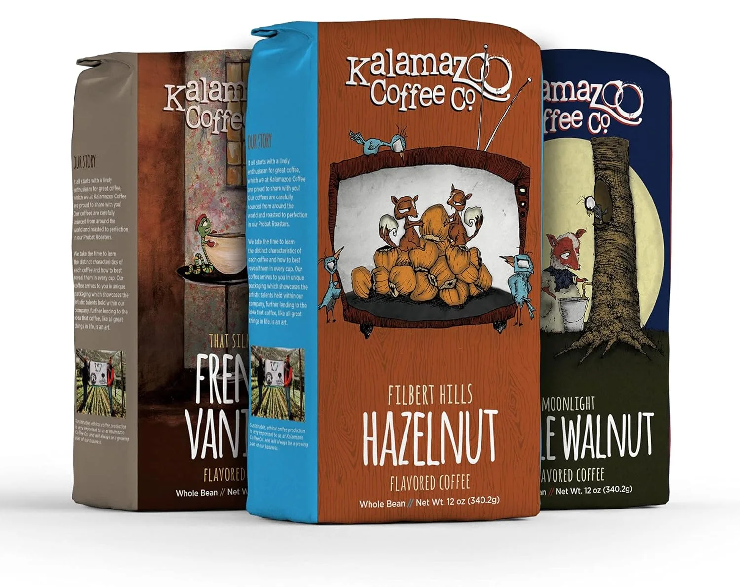 kalamazoo coffee co flavored whole bean coffee bags in three varieties displayed front-facing., kalamazoo coffee co., kalamaz