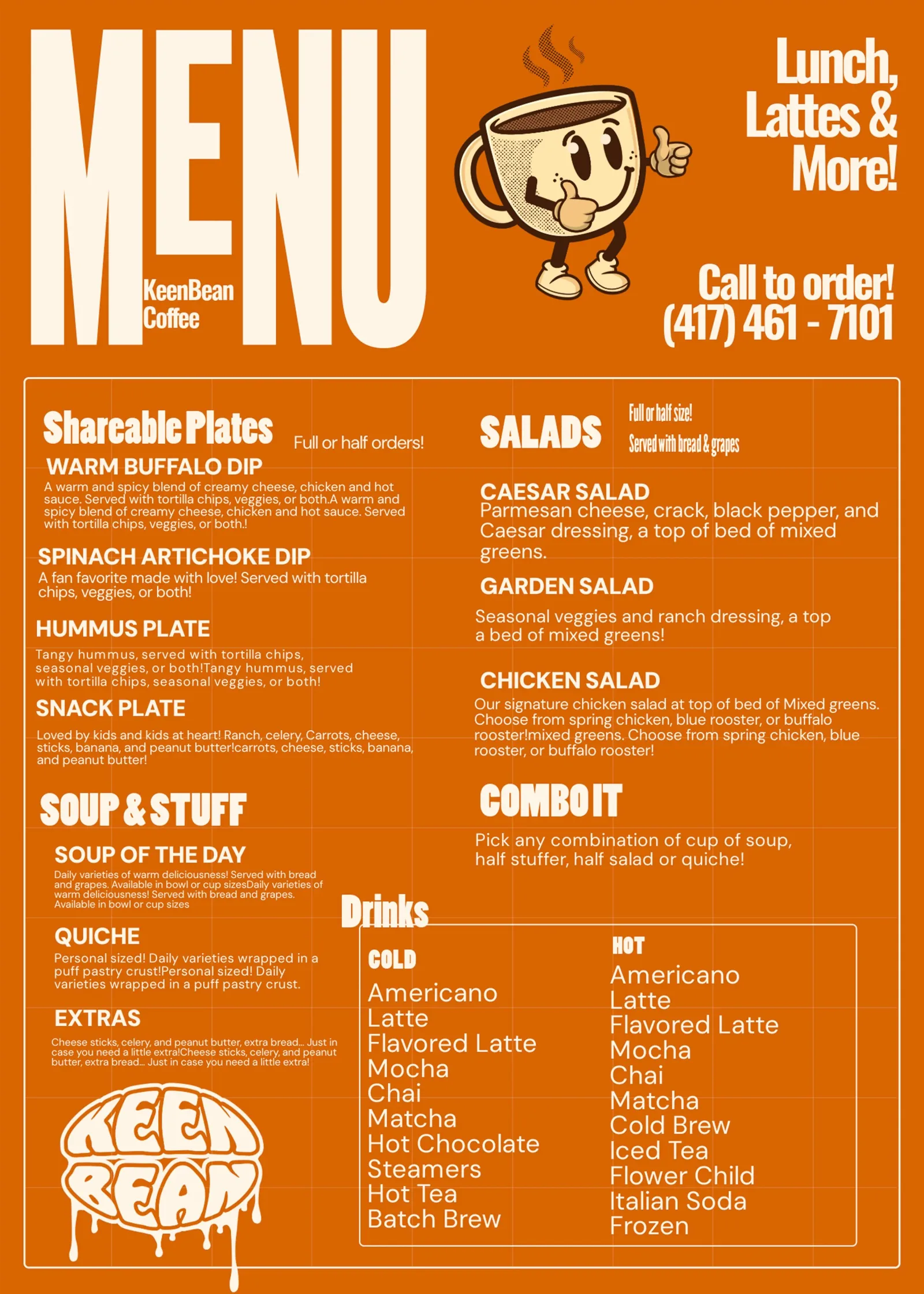 keen bean coffee menu with orange background, mascot cup character, and food/drink offerings listed., keenbean coffee roaster