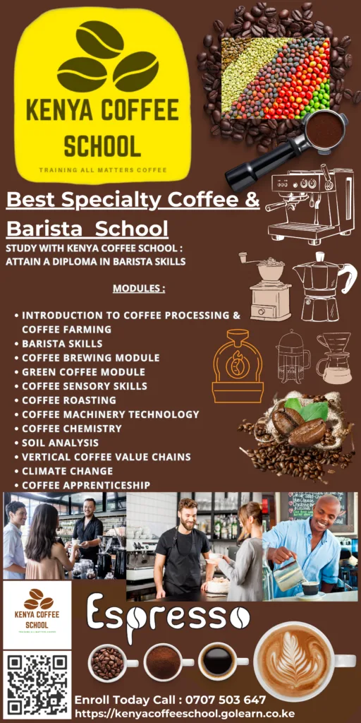 kenya coffee school promotional poster displaying barista training modules and specialty coffee education programs., kenyan b
