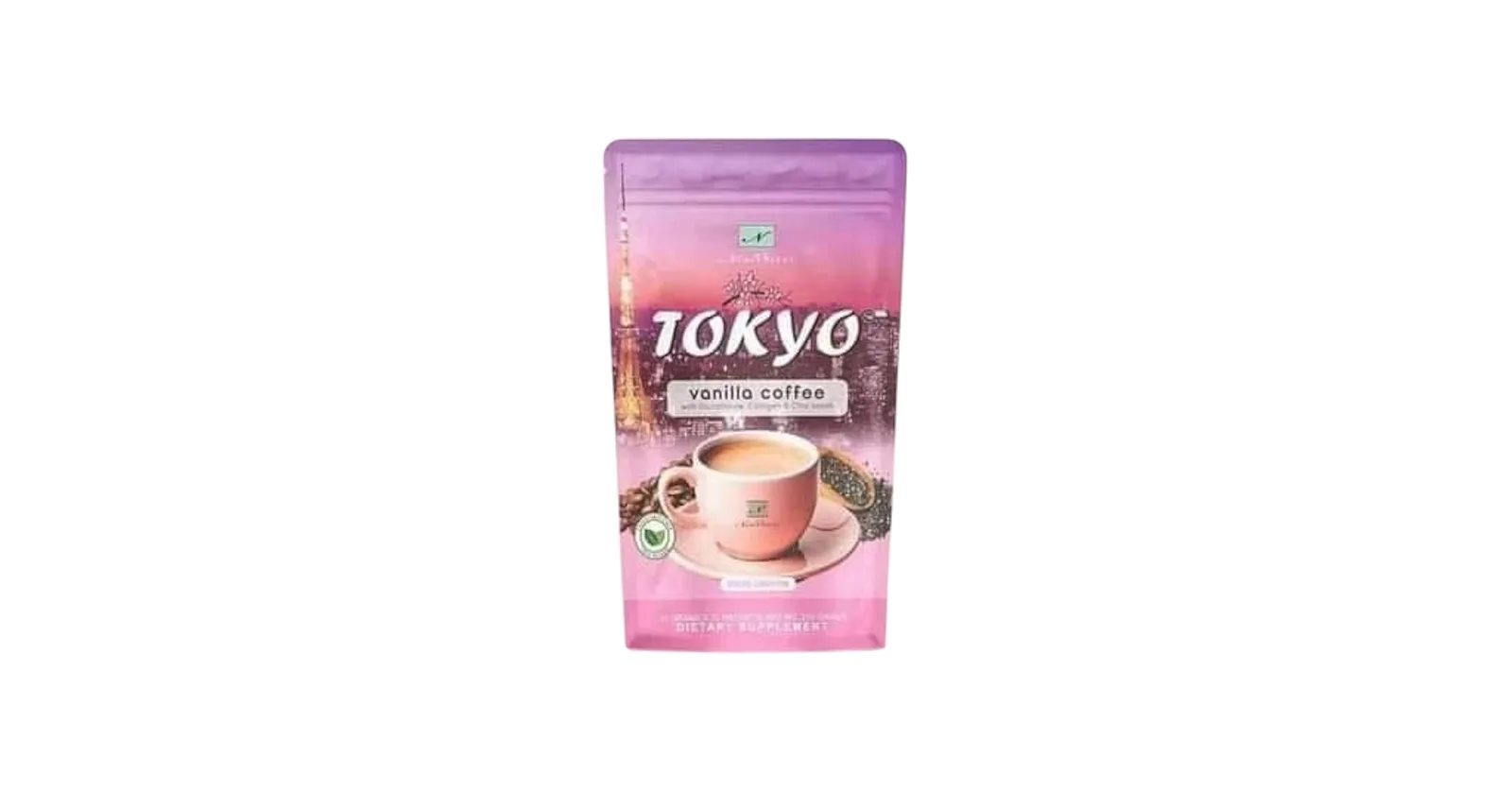 pink pouch of tokyo vanilla coffee with cup and cityscape on packaging., khazana coffee, tokyo