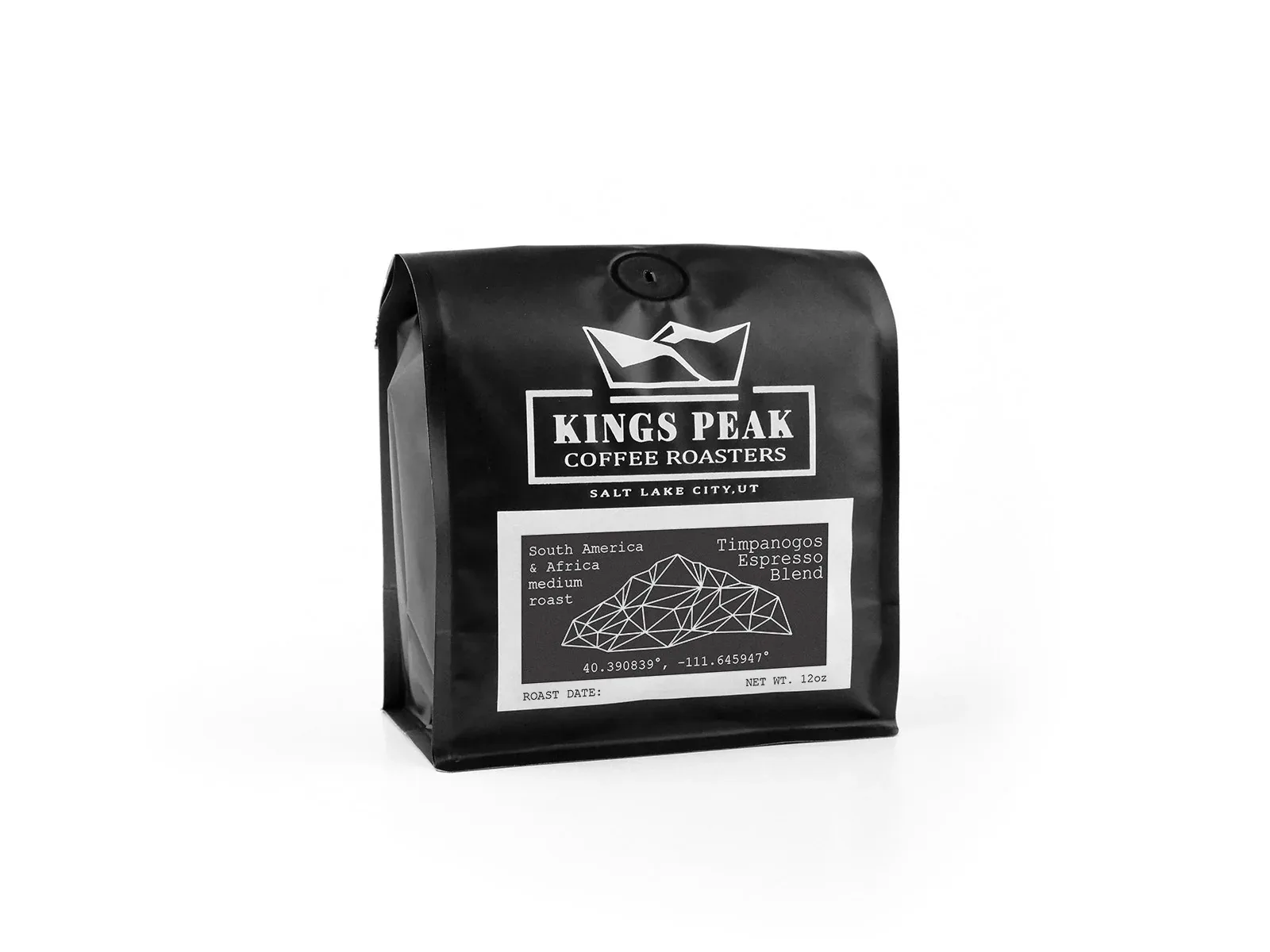 black coffee bag from kings peak coffee roasters featuring geometric mountain design label., kings peak coffee roasters, salt