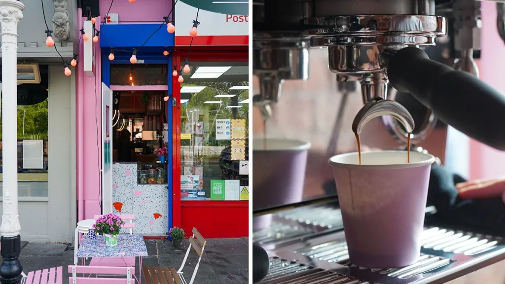 colorful café storefront with espresso pouring into pink cup at counter., kiosk on lapwing, manchester