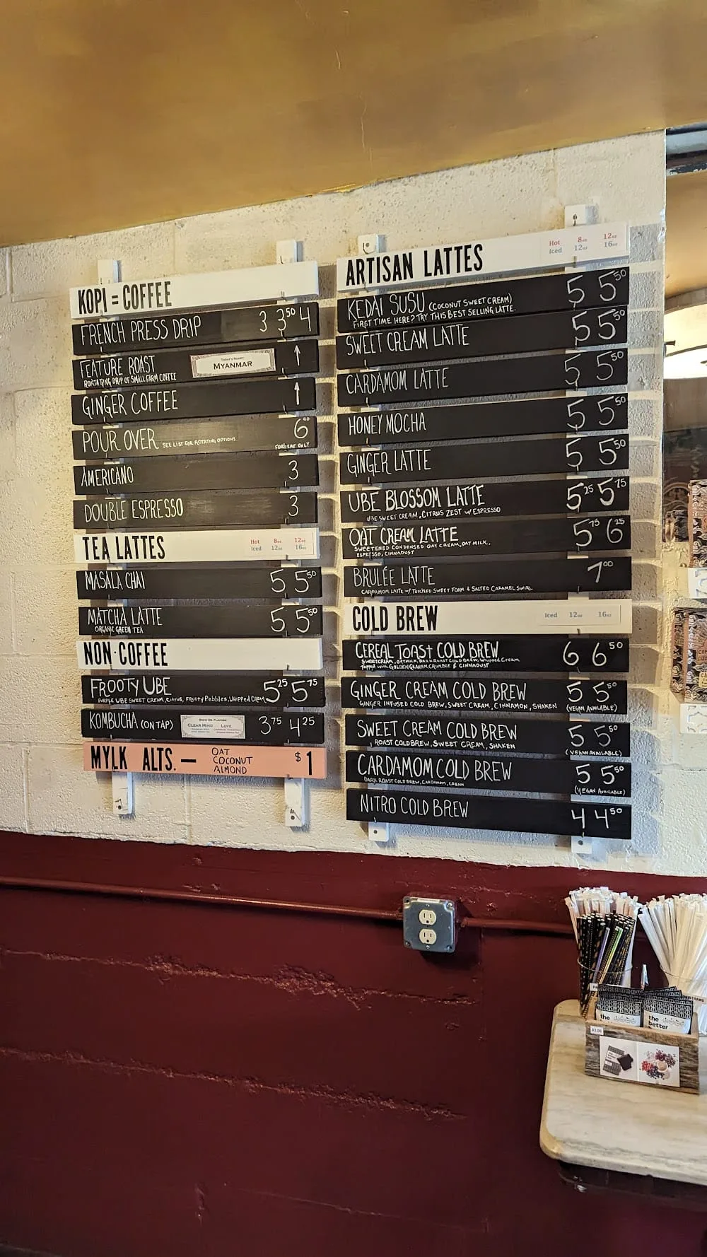 coffee shop menu board displaying artisan lattes, cold brews, and specialty drinks with prices., kopi coffee house, portland