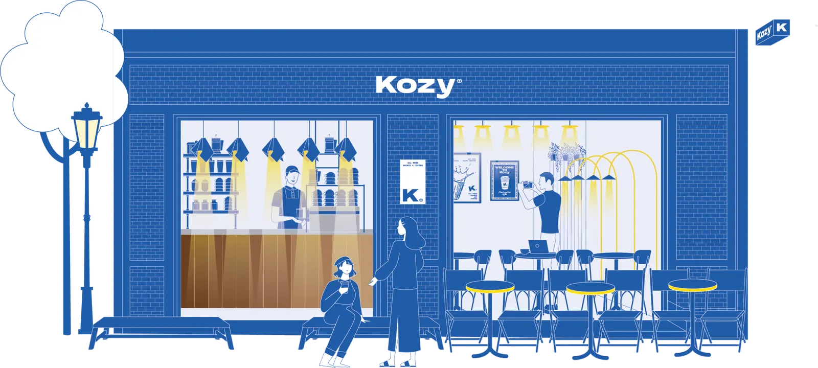 kozy café storefront with blue brick exterior, customers, counter service, and seating area., kozy pompidou | all-week brunch