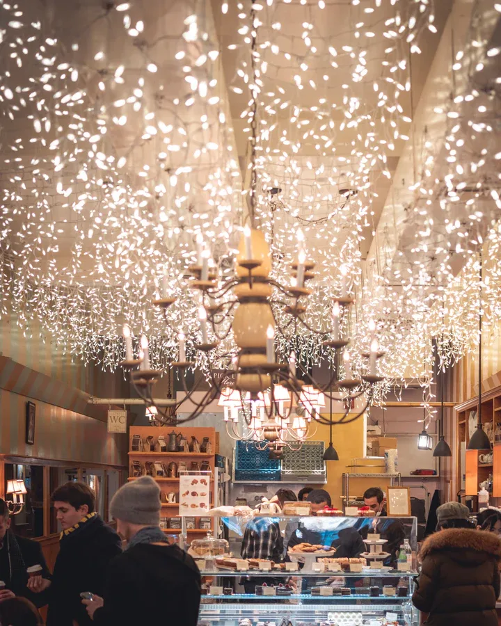 elegant café interior with cascading string lights and vintage chandelier overhead., la burdick, cambridge