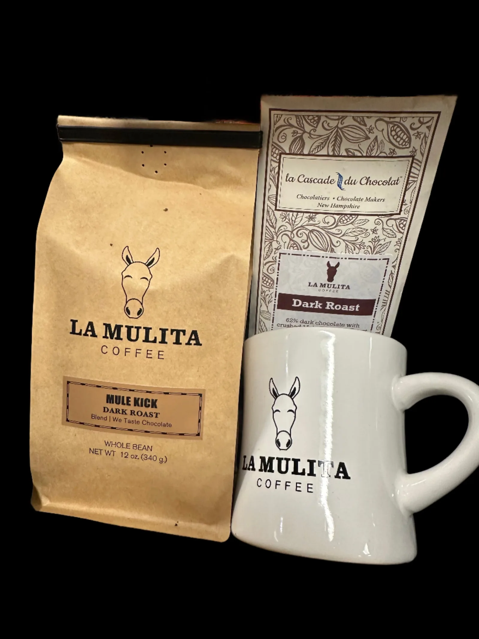 la mulita coffee dark roast bag, mug, and chocolate bar gift set., la mulita coffee, rye