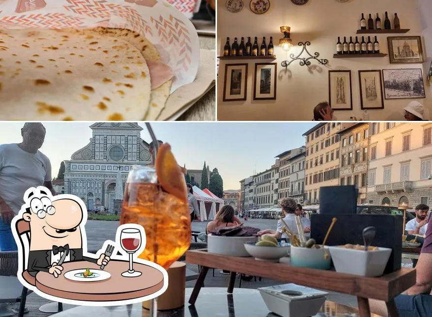 italian culinary experience: flatbread, wine bar, florence cathedral, outdoor dining, cartoon chef mascot., la piadina di cas