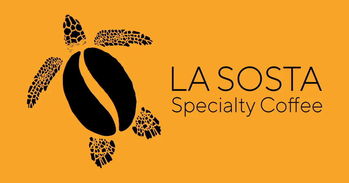 black coffee bean with golden highlight surrounded by decorative leaf patterns on orange background., la sosta specialty coff