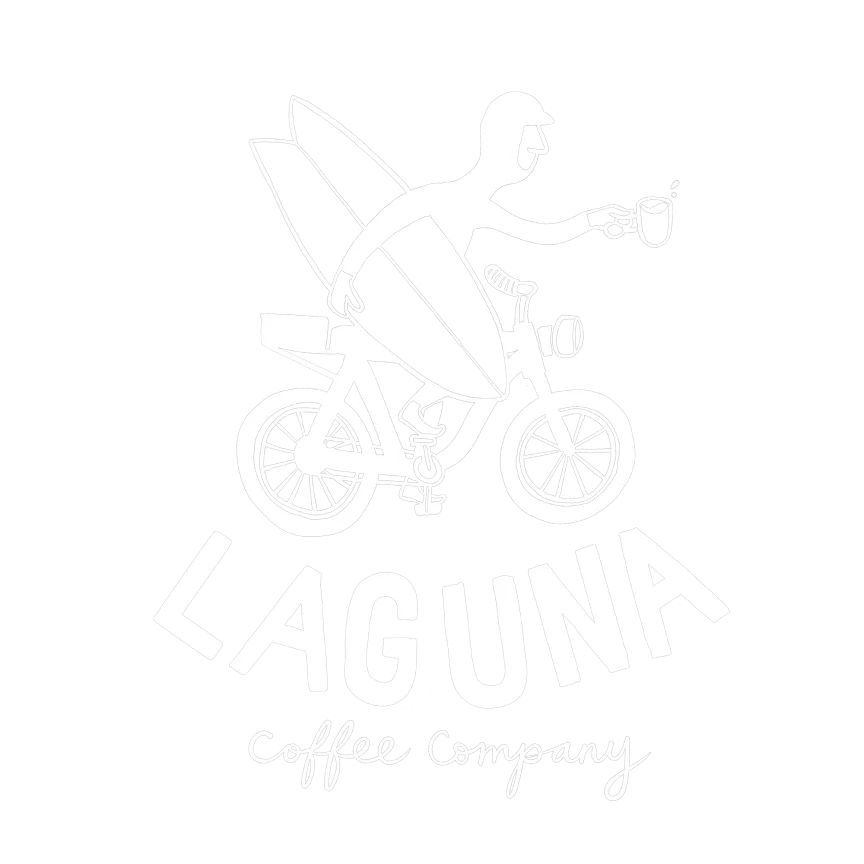 surfer on bicycle holding coffee cup with surfboard, "lagjuint coffee company" text., laguna coffee company, laguna beach