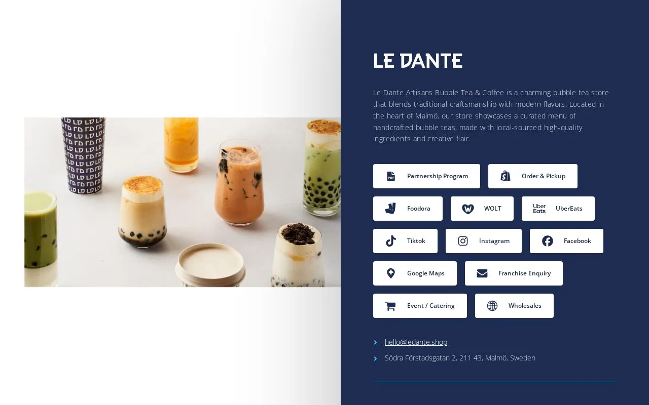 colorful bubble tea drinks displayed with various toppings and flavors in glasses., le dante, malmö