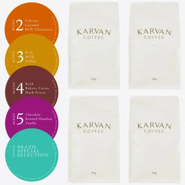 karvan coffee bags displayed with colorful blend variety circles showing five different roast options., leaf bean machine, bi