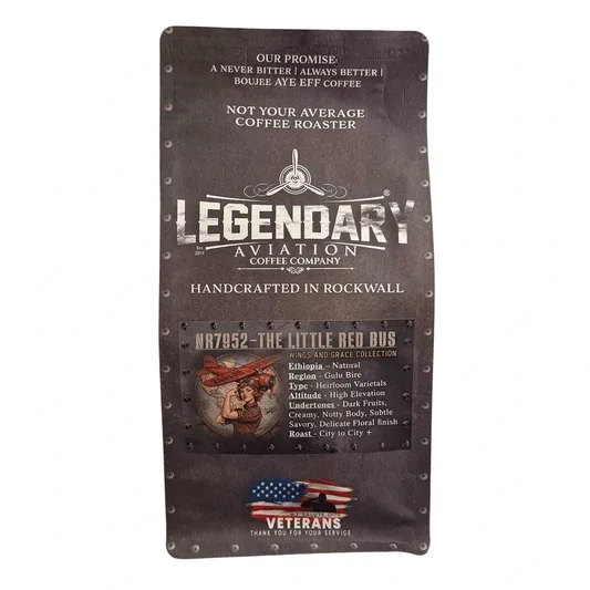 legendary aviation coffee company bag with vintage aircraft theme and veterans tribute badge., legendary aviation coffee, roc