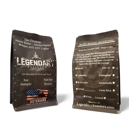 legendary coffee company sample bag featuring veterans branding and origin selection options., legendary aviation coffee, roc