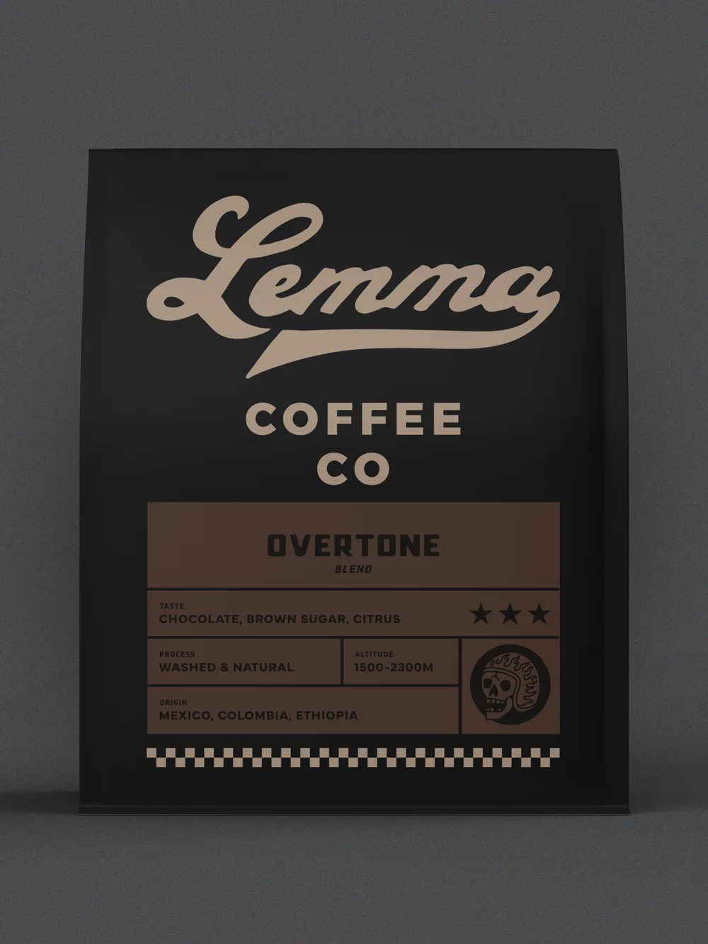 lemma coffee co overtone blend package with black and tan label design., lemma coffee co, mckinney
