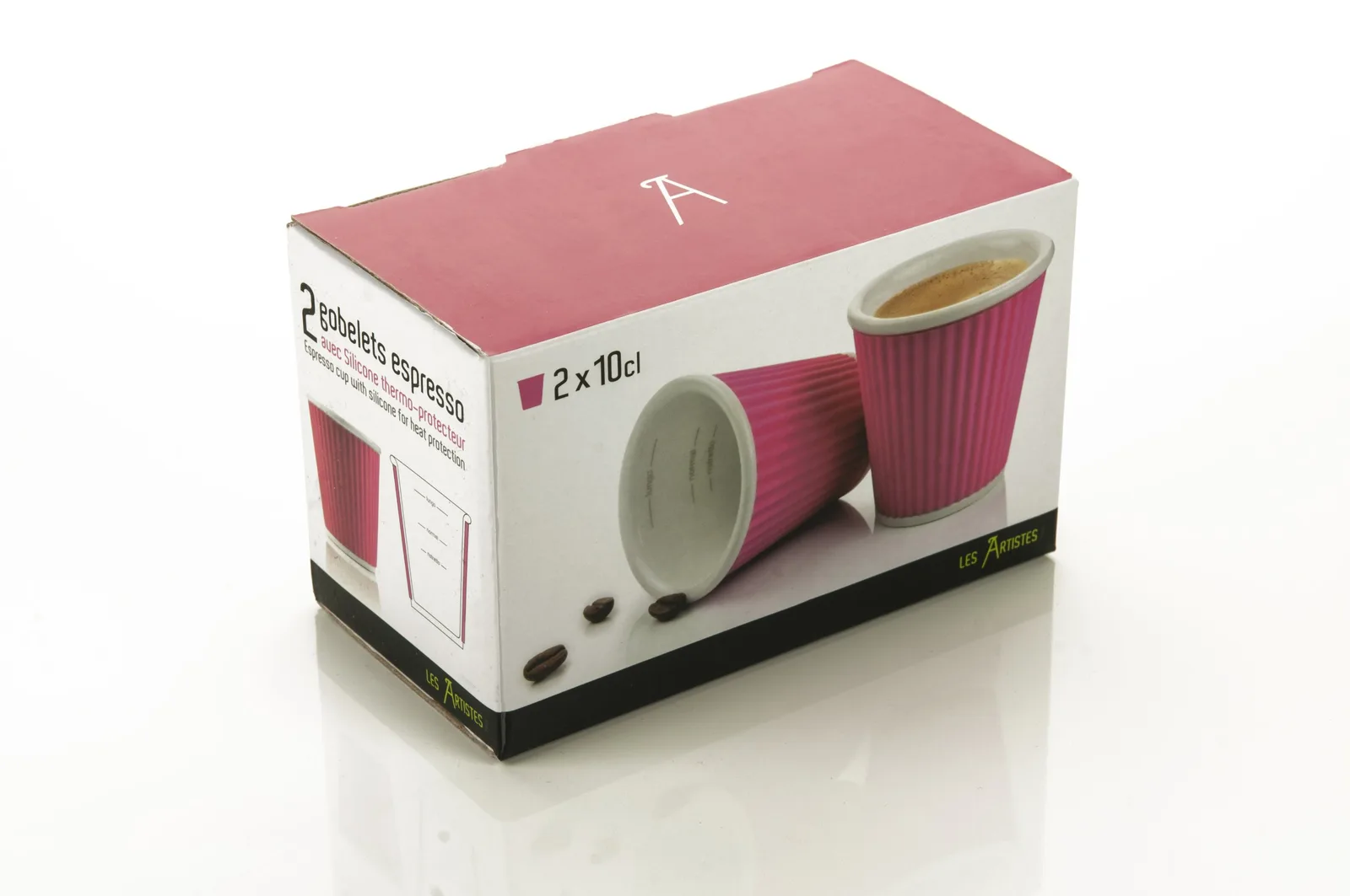 pink ribbed espresso cups set, two 10cl cups with coffee, retail packaging., les artistes, paris