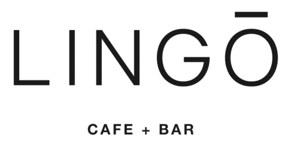 lingo cafe + bar logo in black text with minimalist design and accent mark., lingo coffee, boston