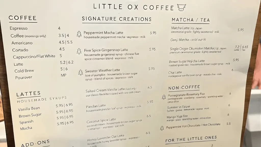 little ox coffee menu displaying beverages, prices, and specialty drink options., little ox coffee, fullerton