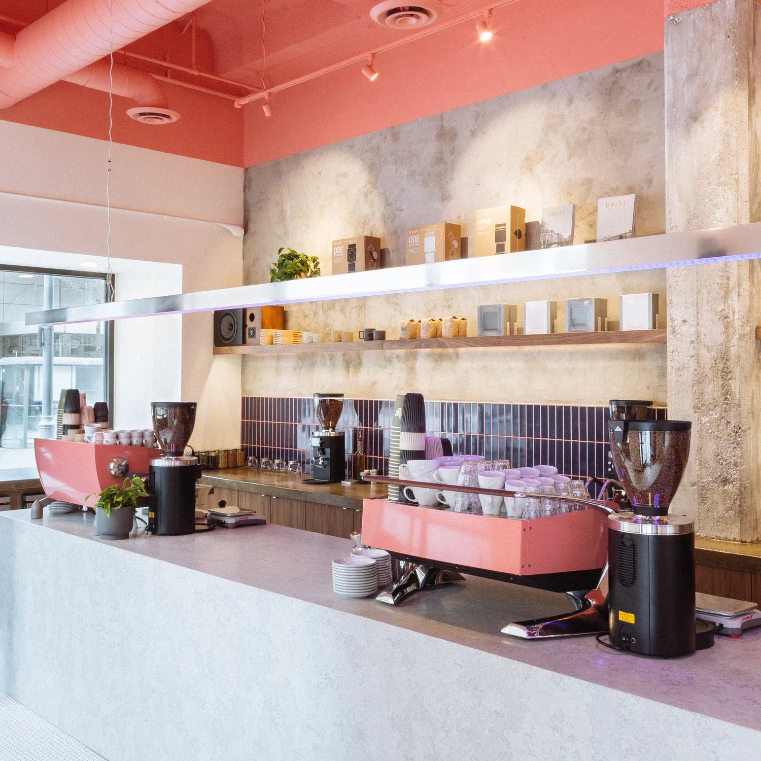 modern coffee shop interior with coral ceiling, concrete walls, and pink service counter., little victories coffee roasters -