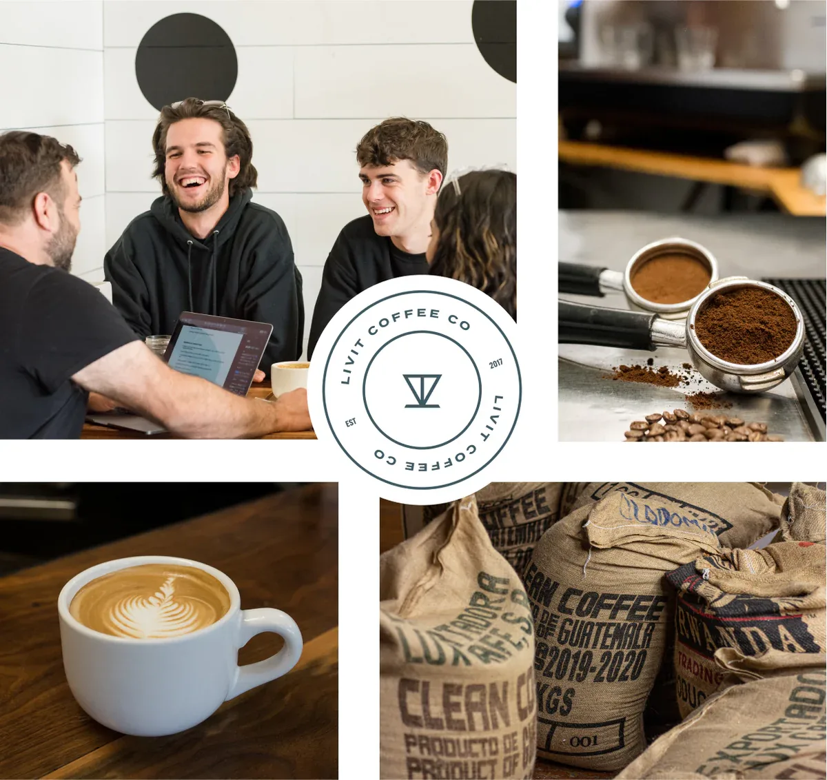 livit coffee co brand showcase: team, espresso tools, latte art, and sourced bean bags., livit coffee co., walla walla