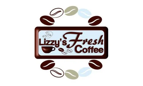 lizzy's fresh coffee logo with coffee beans and cup illustration in brown and cream tones., lizzy's fresh coffee, idaho