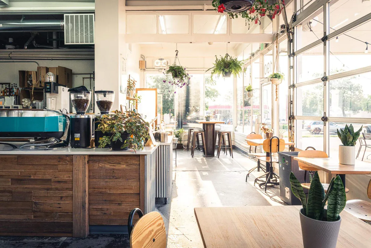 bright modern café with wooden counter, espresso machines, hanging plants, and natural light from large windows., lost coffee