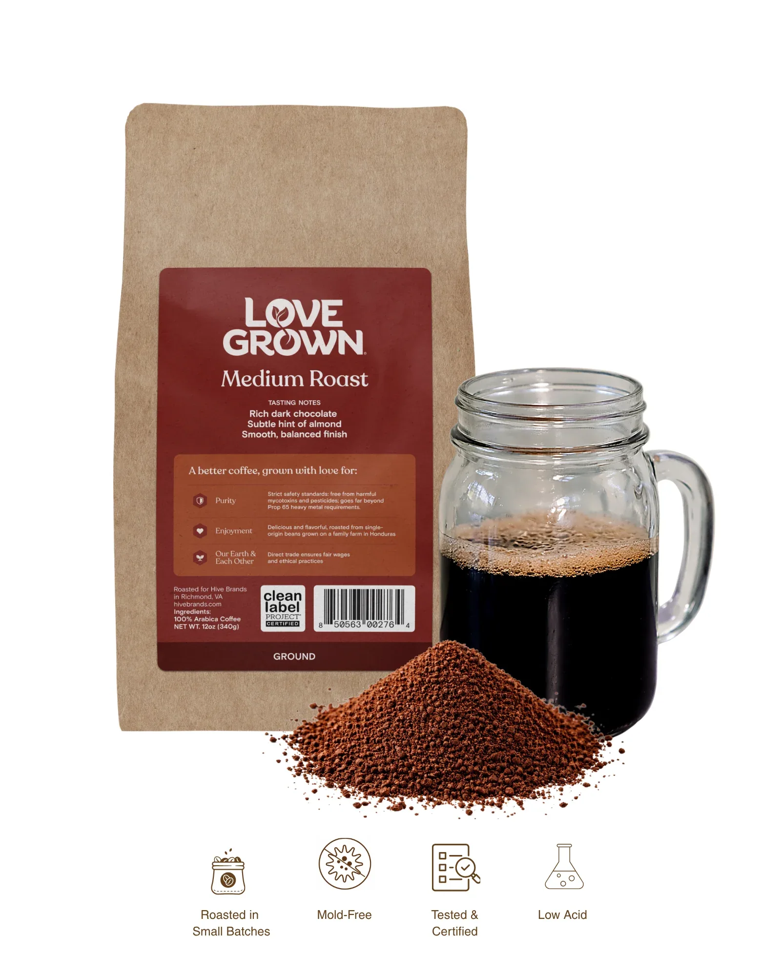 love grown medium roast coffee bag with ground coffee, brewed cup, and product certifications displayed., love grown, denver