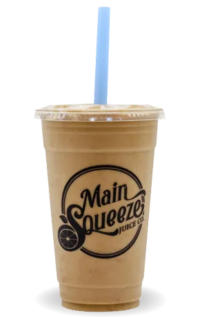 main squeeze branded iced coffee drink in clear plastic cup with blue straw., main squeeze juice co., shreveport