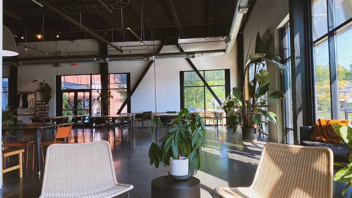 modern industrial loft space with plants, woven chairs, and floor-to-ceiling windows., manchester coffee co., lexington