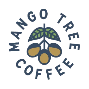 mango tree coffee logo with leaves, fruits, and circular text design., mango tree coffee, englewood