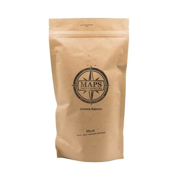 maps coffee roasters kraft bag from lenexa kansas, milk roast variety., maps coffee roasters, kansas