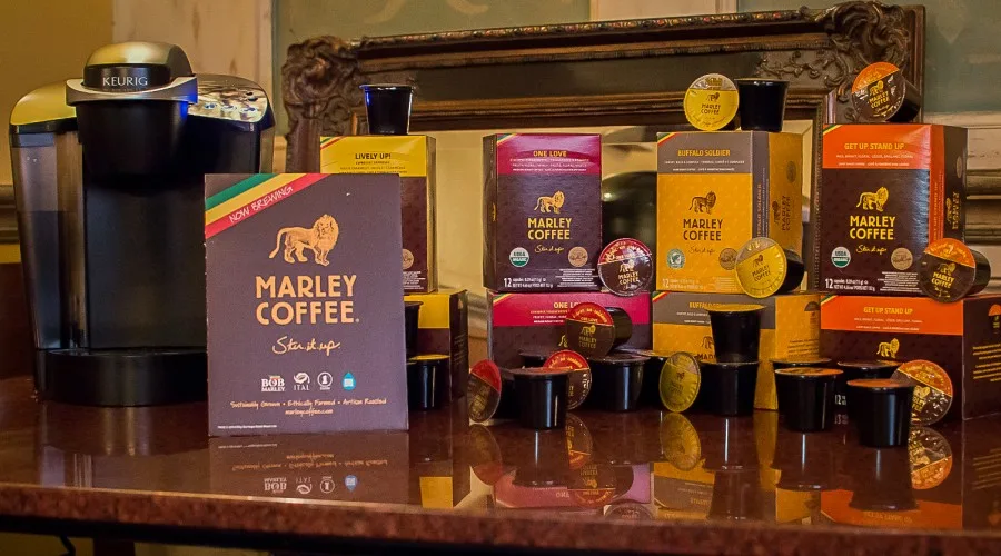 marley coffee product display with keurig machine and various packaged coffee boxes., marley coffee, denver