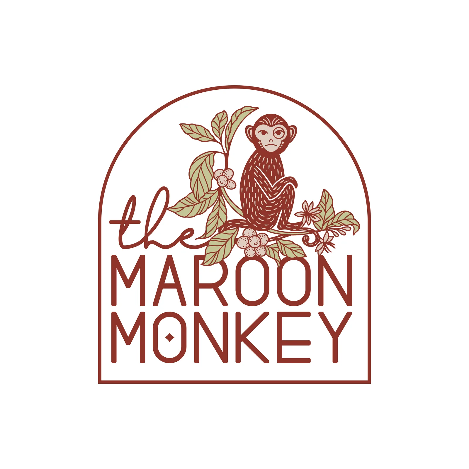 maroon monkey sitting on branch with berries and leaves in arched badge logo., maroon monkey coffee, wilmington