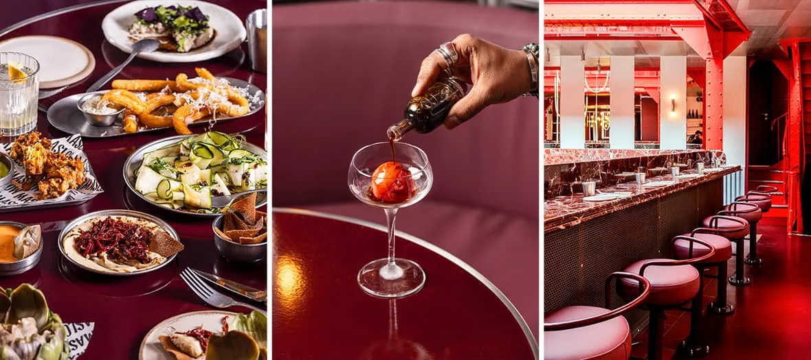 elegant restaurant with fine dining plates, cocktail service, and burgundy bar seating., maslow temple, paris