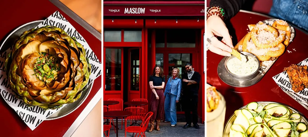 maslow temple restaurant storefront with plated appetizers and dipping sauce., maslow temple, paris