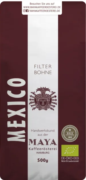 coffee package labeled mexico filter bohne from maya kaffeeroesterei hamburg, 500g organic certified., maya kaffeerösterei, h