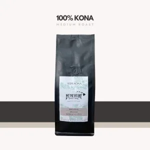 100% kona coffee bag displayed against white and dark gray background., menehune coffee company, honaunau-napoopoo