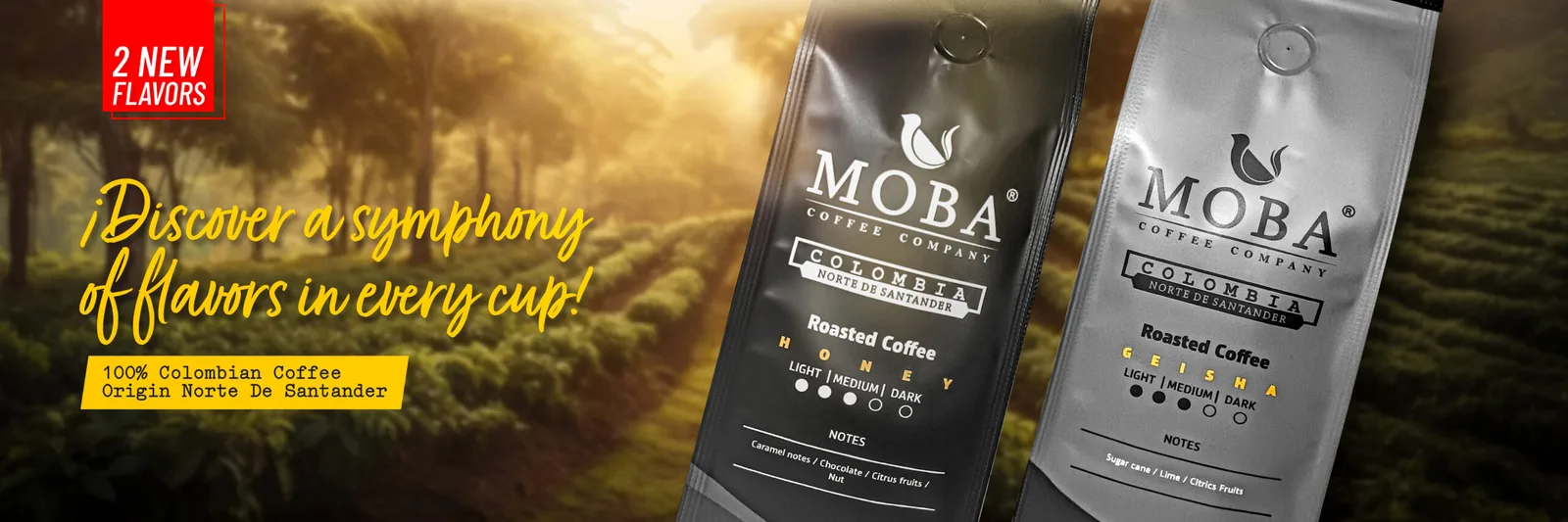 two moba colombian coffee packages displayed with roast level indicators and flavor notes highlighted., moba coffee company, 