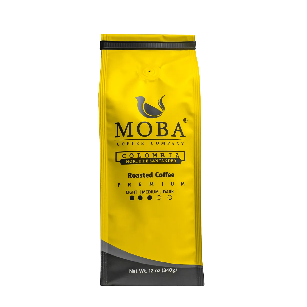yellow coffee bag with moba branding, colombia norte de santander origin, 12 oz package., moba coffee company, new york city