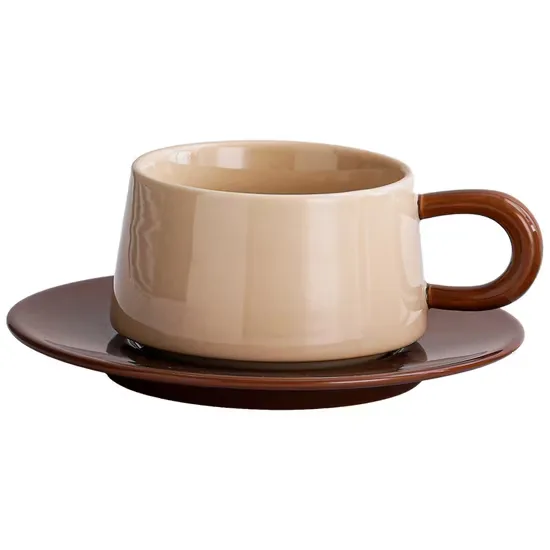 cream ceramic cup with wooden handle and matching brown saucer., morandi specialty coffee, xiamen