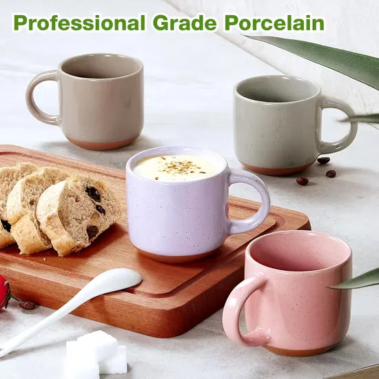 professional grade porcelain mugs in pastel colors arranged with bread and coffee., morandi specialty coffee, xiamen