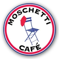 blue folding chair with red text "moschetti café" on circular badge., moschetti coffee, vallejo
